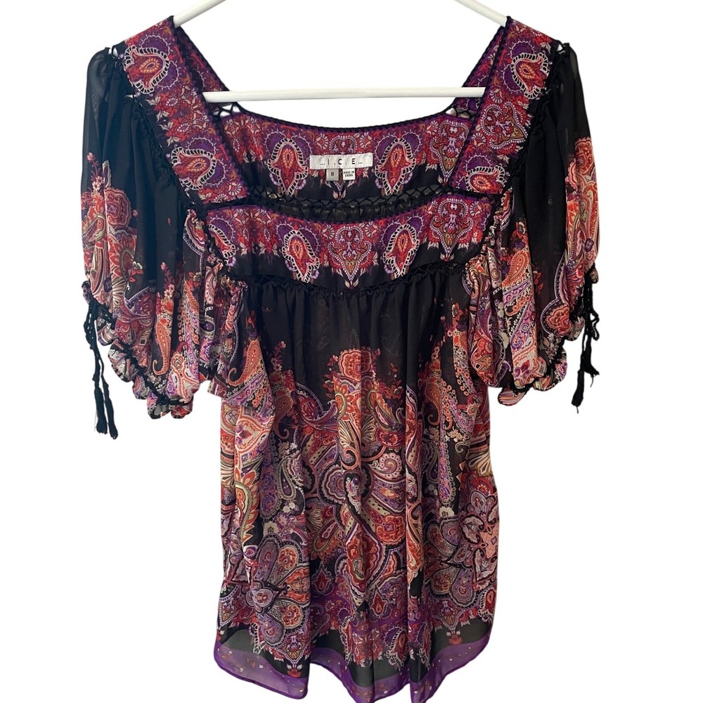 I.C.E. Women 8 Paisley Boho Sheer Blouse Square Neck Crochet Trim Vintage Boho